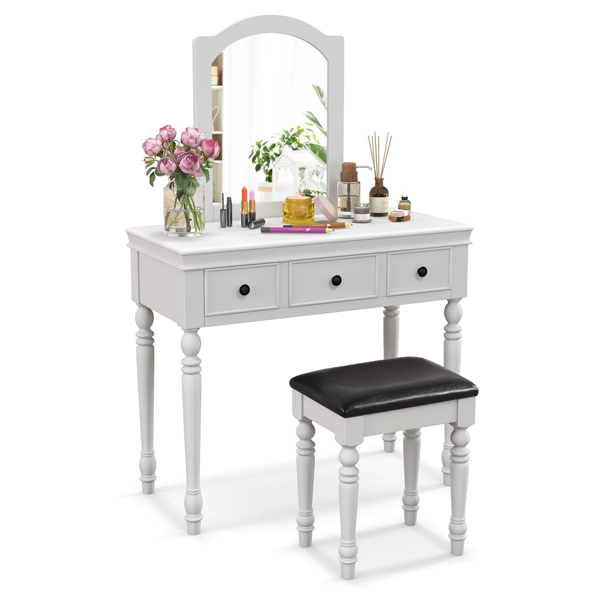 CHARMAID Makeup Vanity Desk with Mirror and Stool, 34'' Wide Vanity Table Set with Large Mirror, 3 Drawers, Cushioned Stool, Solid Wood Legs, Bedroom CHARMAID