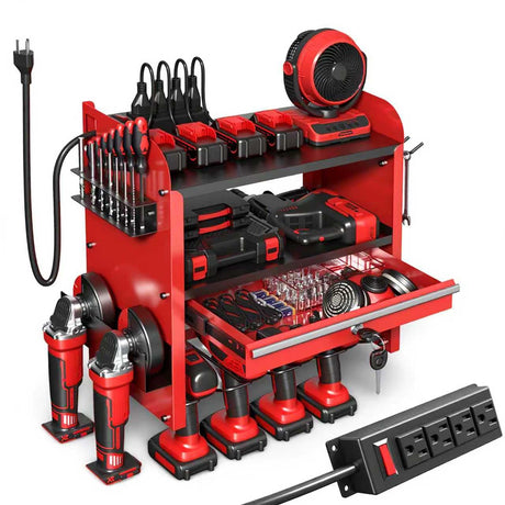 KSVO Power Tool Organizer Wall Mount with Drill Rack & Locking Drawers - Heavy Duty Metal Tool Shelf for Garage, Workshop, Shed, Basement Tool Organization - Gift for Men/Father (Red) KSVO