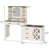 BTHFST Farmhouse Vanity with Glass Top & Charging Station, Vanity Desk with Touch Screen Mirror and Lights, Makeup Vanity with 5 Drawers & Shelves & Cabinet, Antique White BTHFST
