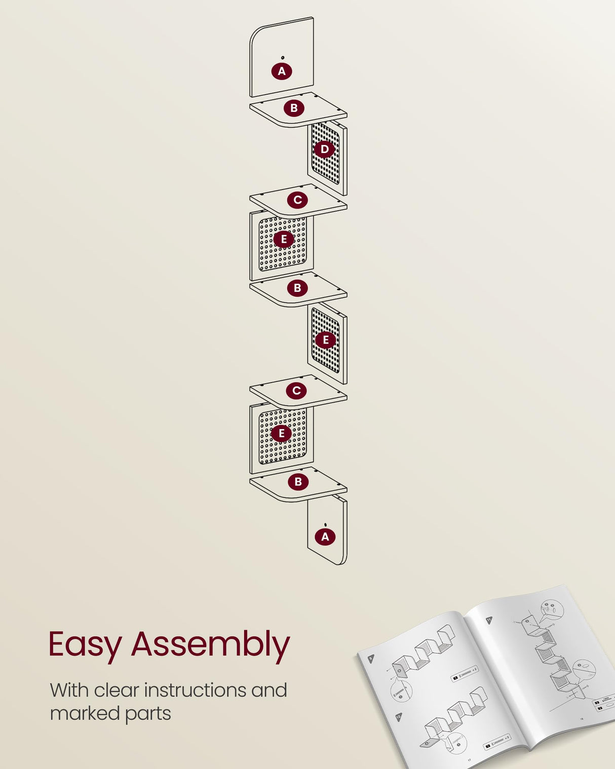 VASAGLE 5-Tier Corner Shelf, Wall Mounted Floating Shelf, Zigzag Corner Shelf Unit, PVC Rattan Sides, Space-Saving, for Kitchen, Living Room, Bedroom, Boho Style, Oak Beige ULLS582Y57 VASAGLE