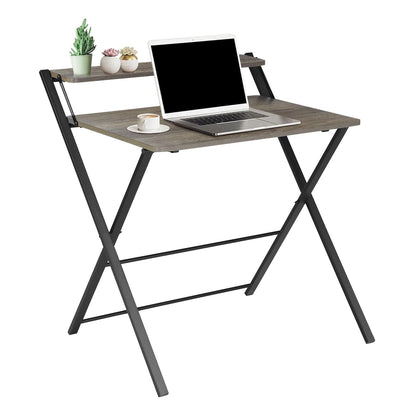 Folding Desk 2-Tier Foldable Table Space Saving Computer Table Writing Workstation for Home Office with Metal Frames/Wood Top Laptop, No Assembly Required, Rustic Brown, 31.9(L) x 20.5(D) x 3 - WoodArtSupply