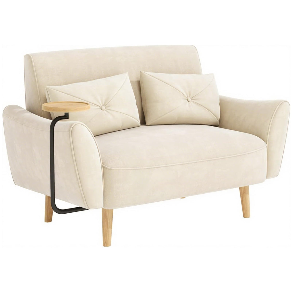 Brelice Loveseat Sofa, 47" Velvet Couch for Bedroom, Convertible Wooden Tray & Ergonomic Armrest, for Small Space, Apartment, Living Room, Home Office, Easy Assembly, Beige Brelice