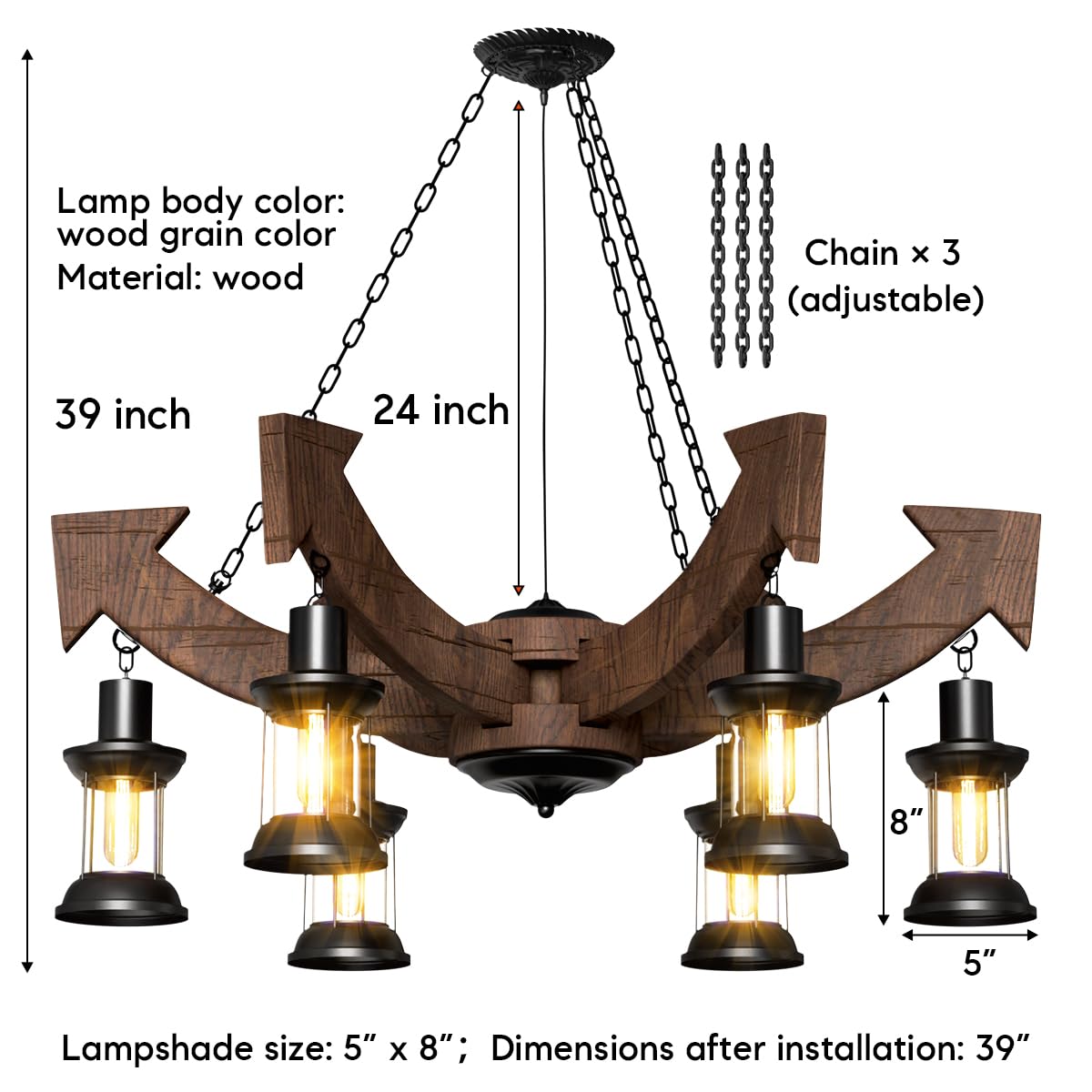 A Million Vintage 6-Lights Country Wood Chandelier, Retro Arrow Style Chandelier Light Fixture, Farmhouse Rustic Wooden Chandelier for Dining Room, Kitchen Island, Living Room, Bar, E26 A Million