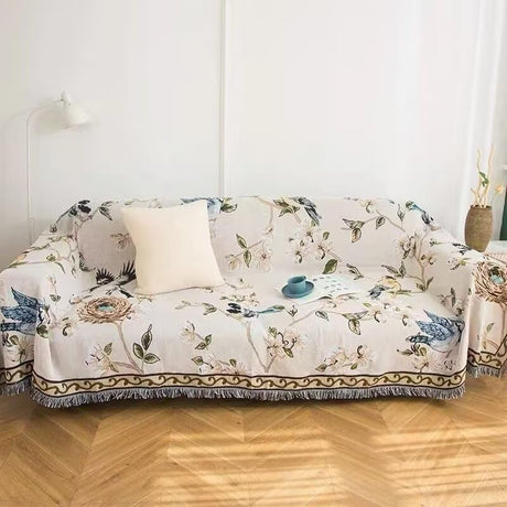 VClife Boho Beige Floral Birds Couch Cover Soft Thick Cotton Linen Farmhouse Sofa Cover for 3 Cushion Couch Sofa, Breathable Non-Slip Sectional Sofa Protector 1 PC Futon L Shpe Slipcover with Tassels VClife