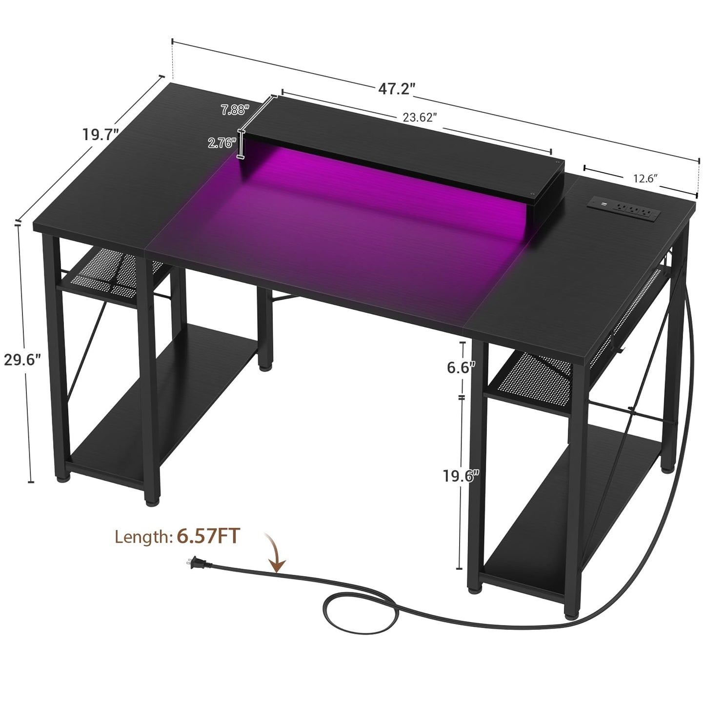 armocity Computer Desk with LED Lights, 48 Inch Reversible Large Desk with Power Outlet and USB, 48'' Gaming PC Table with Moveable Monitor Stand for Home Office, Workstation, Black - WoodArtSupply