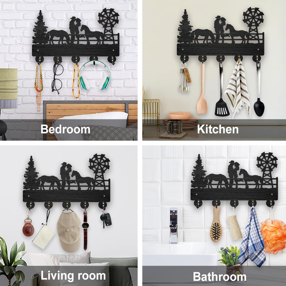 MAYJOYDIY Wood Cowboy Horse Farm Coat Hooks Farmhouse Cowgirl Windmill Key Holder for Wall 11.8×7.9inch Wall Art Decor Gift Black Wall Key Rack Organizer 5 Alloy Hooks for Bedroom Kitchen Entryway MAYJOYDIY