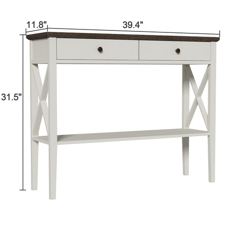ChooChoo Farmhouse Console Table with Drawers, Narrow Wood Accent Sofa Table Entryway Table with Storage Shelf for Entryway, Front Hall, Hallway, Living Room, Antique White & Brown ChooChoo