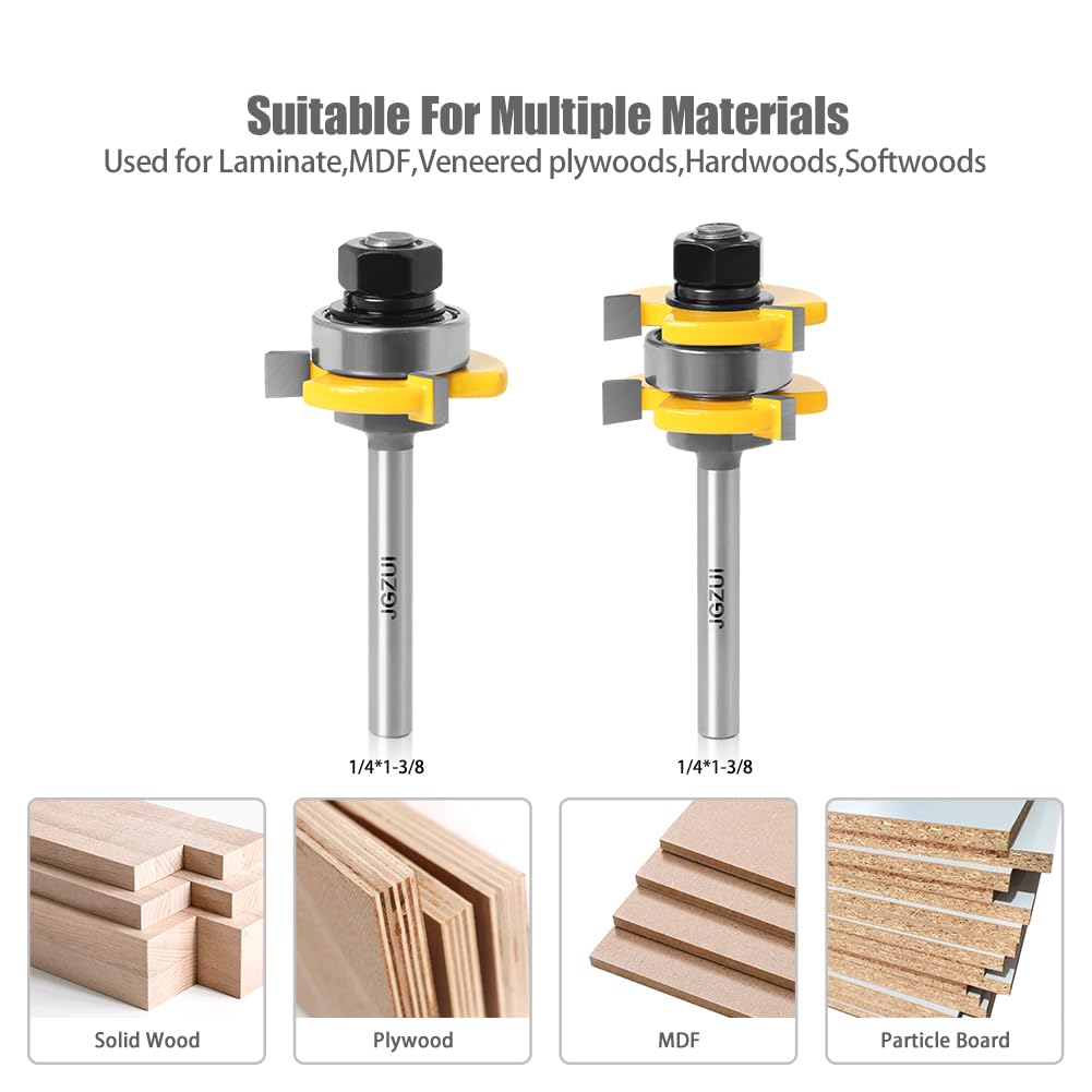 1/4 Inch Shank Tongue and Groove Set of 2 Pieces Router Bit 3 Teeth Adjustable T Shape Wood Milling Cutter，Tongue and Groove groove joints Router Bit (1/4inch Shank, 1-3/8" Diameter) JGZUI