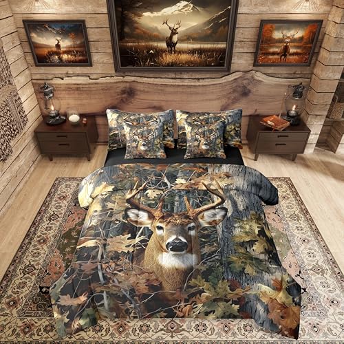 Erosebridal Deer Camo Queen Comforter Set with Sheets Rustic Hunting Bedding Set 7-Piece for Men Boys Kids Adults Camouflage Army Deer Bed in A Bag Vintage Hunting Animals Quilt Duvet Insert Erosebridal