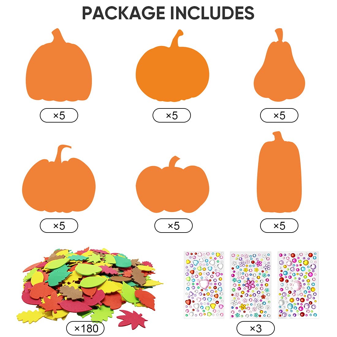 Hifunwu 30Pcs Halloween Foam Pumpkin Craft Kit Decorations with Foam Fall Maple Leaves Rhinestone Stickers for Halloween Thanksgiving Kids Art Crafts Decorations Hifunwu