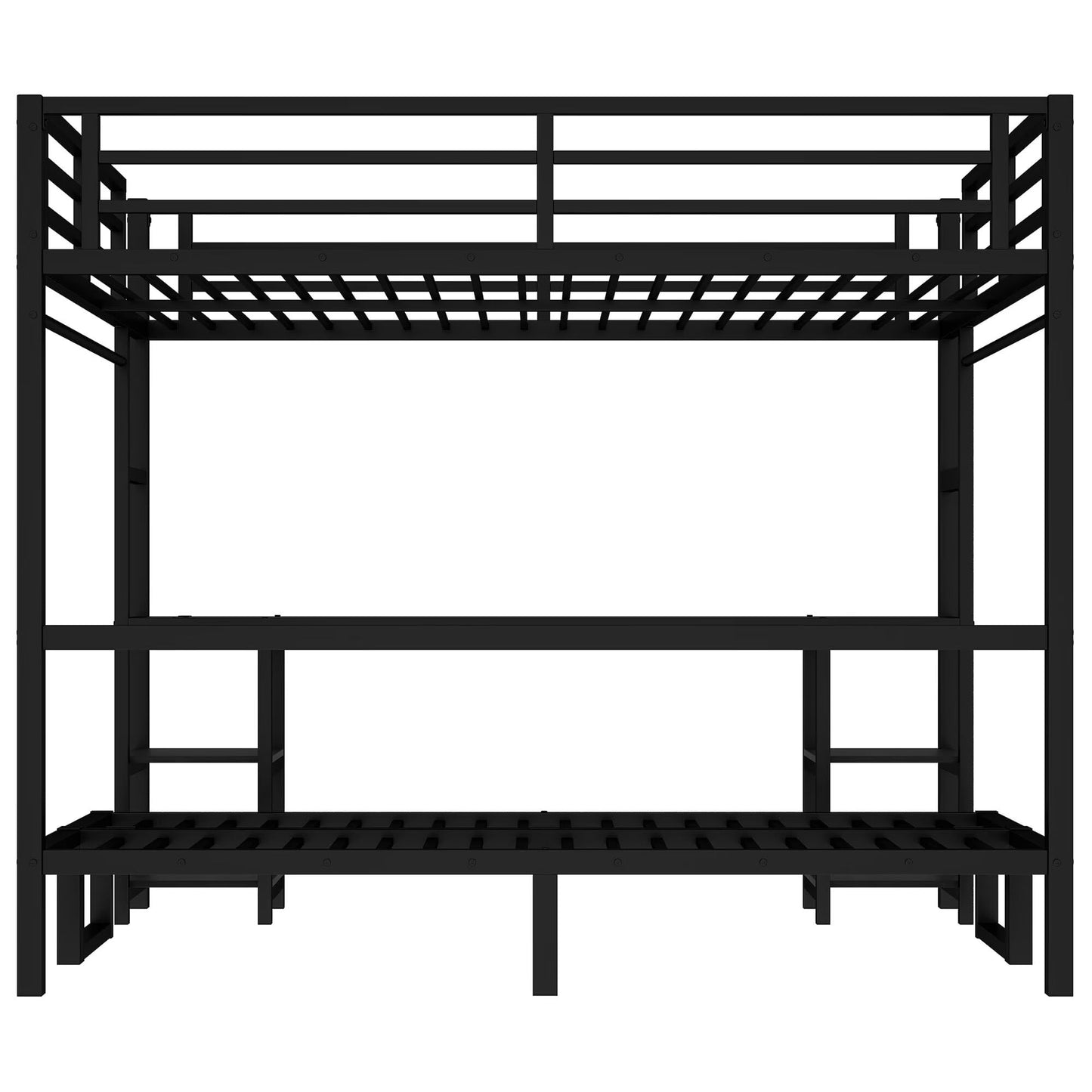 JIJIWANG Queen Over Twin XL Metal Bunk Bed/Loft Bed with Desk and Shelves, Multiple Uses Folds into Sofa with LED and USB, Safety Guard & Ladder, No Box Spring Needed, Black