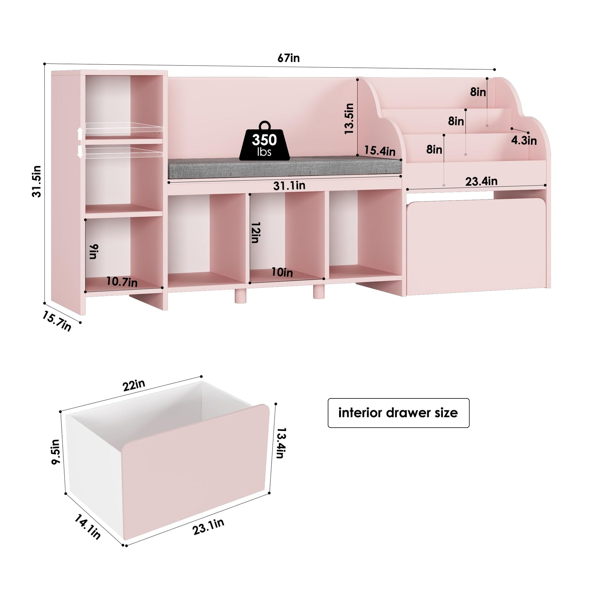 HOSTACK 67" Pink Kids Reading Nook with Bench, Bookshelf, Cushioned Seat & 6 Storage Cubbies - WoodArtSupply