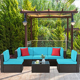 Shintenchi 6 Pieces Patio Furniture Sets Outdoor All-Weather Sectional Patio Sofa Set PE Rattan Manual Weaving Wicker Patio Conversation Set with Glass Table & Ottoman Cushion and Red Pillows, Blue Shintenchi