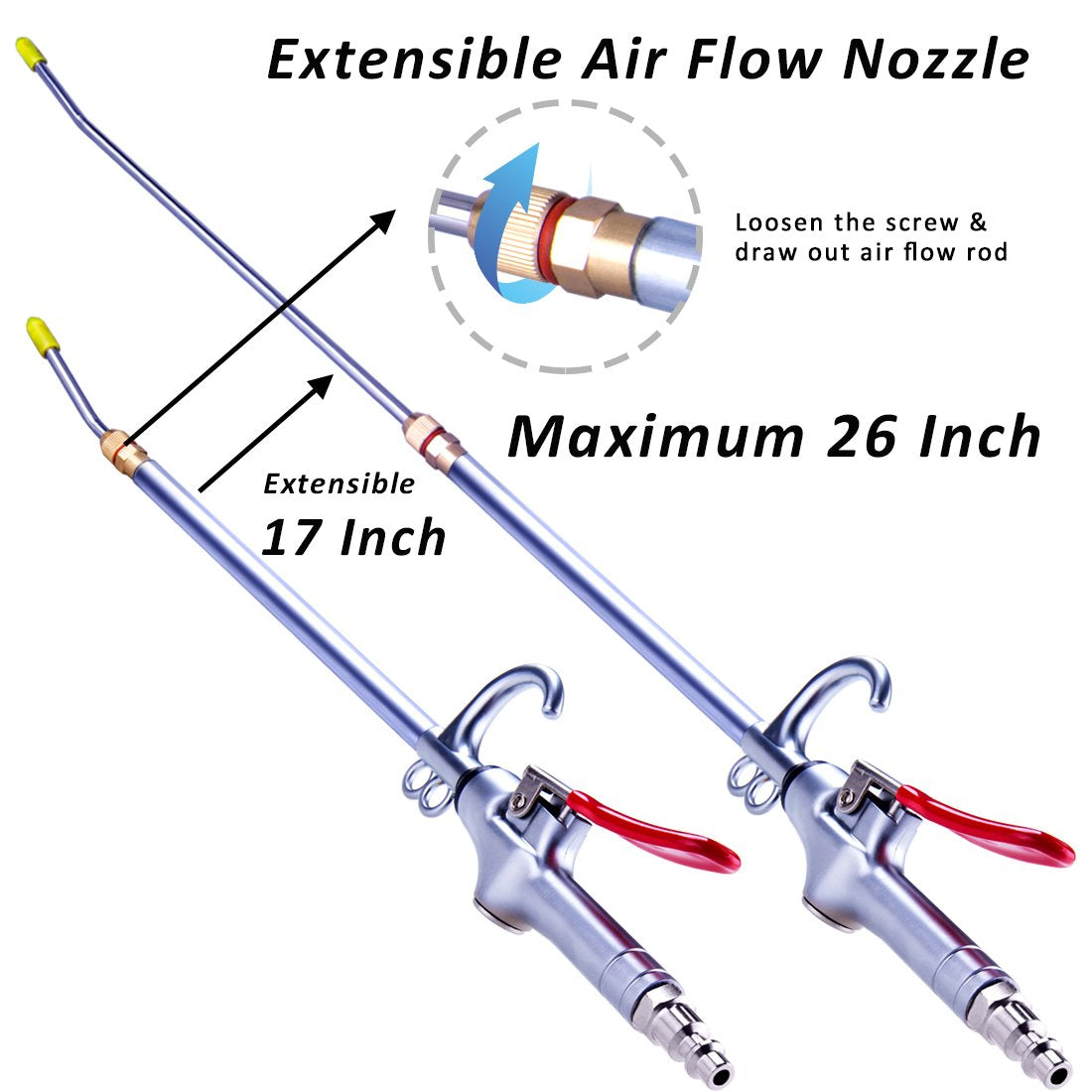 High Volume Powerful Industrial Air Blow Gun, 17-26 Inch Extensible Stainless Steel Air Flow Nozzle, Pneumatic Air Compressor Accessories Tool, Extended Dust Air Blower Gun with 360 Degree Swivel Hook JASTIND
