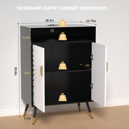 EOYUTLLY Buffet Cabinet with Storage, Black Sideboard Cabinet with Power Outlet & LED Light, Modern Accent Storage Cabinet with 2-Doors & Adjustable Shelves & Gold Handle for Entryway, Black+White