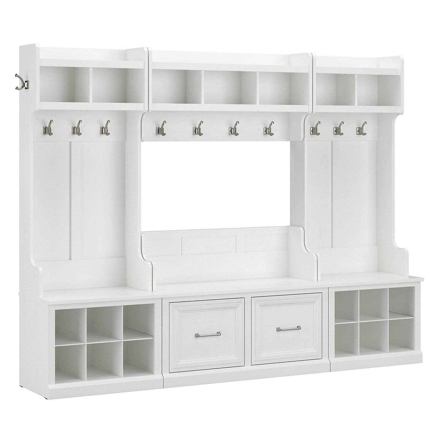 Bush Furniture Woodland Full Entryway Storage Set with Coat Rack and Shoe Bench with Doors | Mudroom Organizer for Footwear, Clothing, White Ash - WoodArtSupply