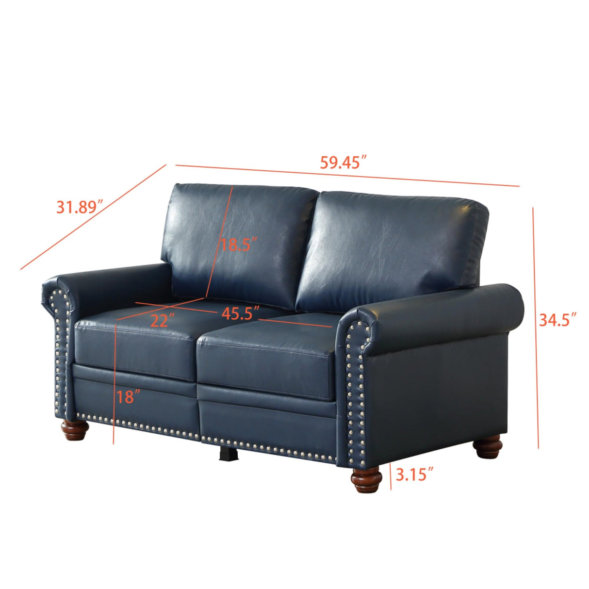 KEIKI 59.45" Chesterfield Sofa, Retro Style Upholstered Faux Leather PU Couch with Storage Space, Rolled Arm, Nailhead for Living Room Bedroom Office Apartment, Navy Blue KEIKI