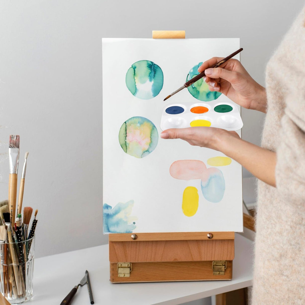 Bercoor 52 PCS Plastic Paint Palettes, 6 Well White Rectangular Watercolor Oil Palette Painting Tray Artist Craft Palettes for Painting Party, DIY Craft and Art Painting Bercoor