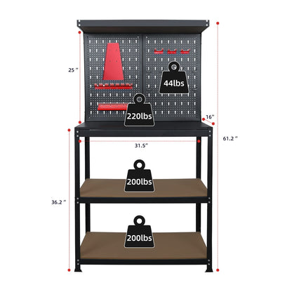 31.5”Workbench, Heavy-Duty Steel Tool Workbench with Pegboard Shelves, 330Lbs Multipurpose Work Benches for Garage, Home, Workshop Storage - WoodArtSupply