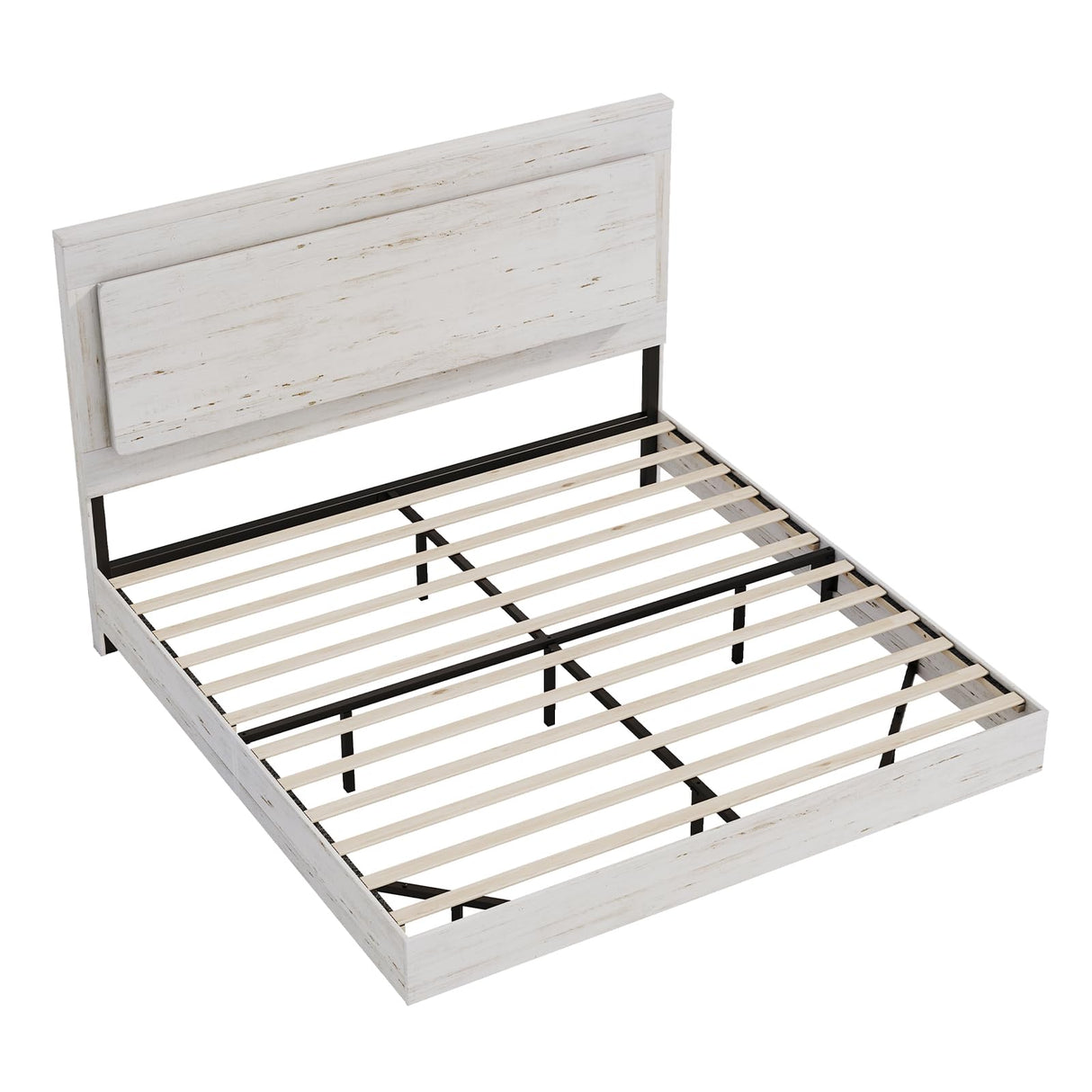 AMERLIFE Distressed White Full Bed Frame with Floating Design, Recline Headboard & Versatile RGB LED Lighting AMERLIFE