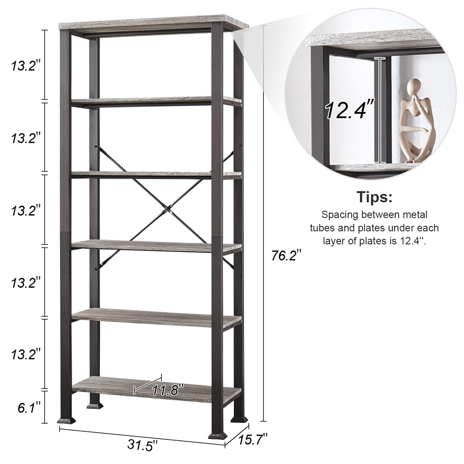 HOMBAZAAR Rustic Grey 6-Tier Bookshelf with Metal Frame – Elegant Heavy Duty Storage for Living Room, Office, and Bedroom - WoodArtSupply