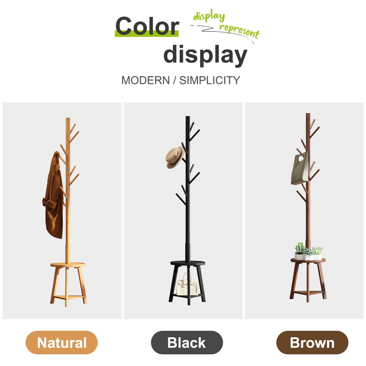 BMOSU Coat Rack freestanding Stand with Shelf Bamboo Wooden Coat Tree Easy Assembly 8 Hooks Standing Jackets Hanger Hallway Office Floor Coat Stand Black