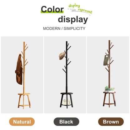 BMOSU Coat Rack freestanding Stand with Shelf Bamboo Wooden Coat Tree Easy Assembly 8 Hooks Standing Jackets Hanger Hallway Office Floor Coat Stand Black