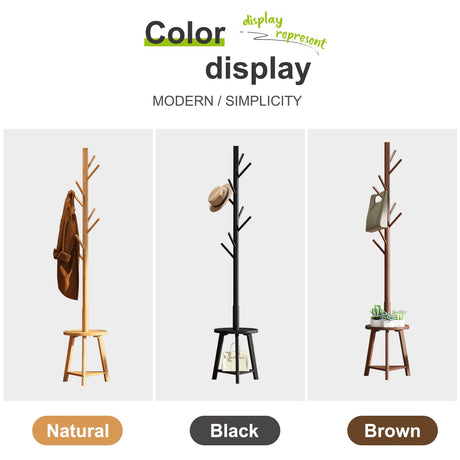 BMOSU Coat Rack freestanding Stand with 2 Shelves Bamboo Wooden Coat Tree Easy Assembly 8 Hooks Standing Jackets Hanger Hallway Office Floor Coat Stand Brown BMOSU