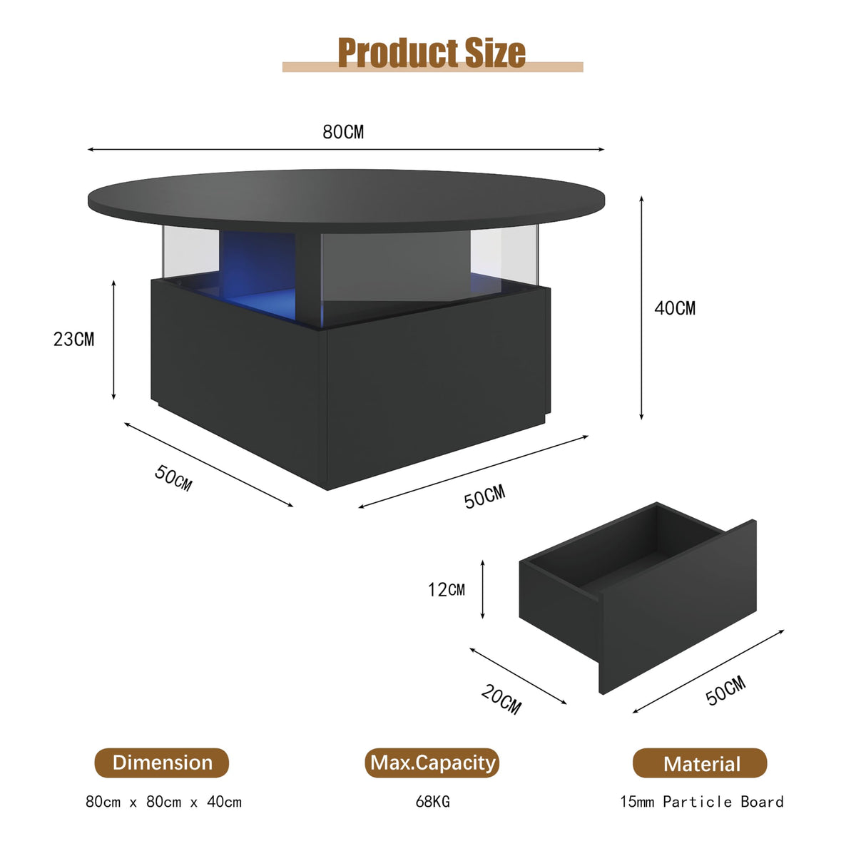 HedoAjim 31.5" Round Coffee Table for Living Room, LED Modern Living Room Table with Storage, Square Acrylic Coffee Tables with 2 Sliding Drawers, Wood Center Table for Reception Dinning Room, Black HedoAjim