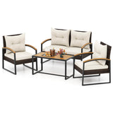 Tangkula 4 Piece Patio Conversation Set, with Heavy Duty Solid Acacia Wood Armrests & Tabletop, Outdoor Cushioned Wicker Furniture Set for Backyard, Poolside, Lawn, Blacony (1, Off White) Tangkula