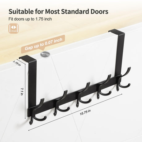 Over The Door Hooks for Hanging, Over The Door Hanger, Over The Door Towel Rack for Bathroom with 5 Triple Coat Hooks, Door Hanger Hooks Towel Hanger (Black, 1 Pack) Optish