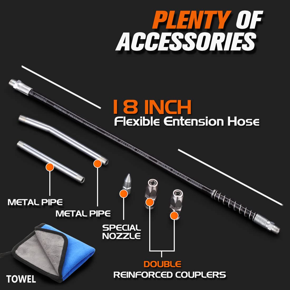 Lnchett Grease Gun with Towel, 9000 PSI Professional Heavy Duty 14 oz Pistol Grip Grease Gun with 18 Inch Spring Flex Hose, 2 Reinforced Coupler, 2 Extension Rigid Pipe and1 Sharp Nozzle Included Lnchett