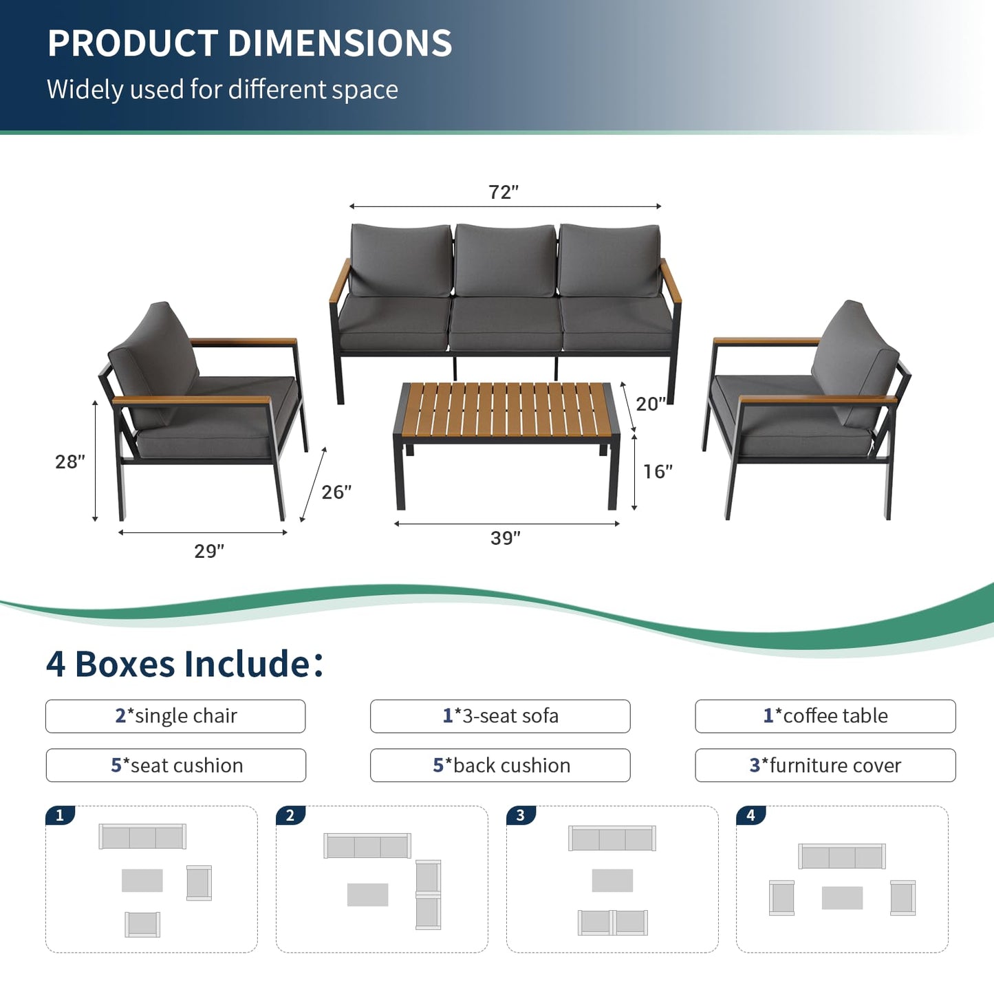 Amopatio Aluminum Patio Furniture Set, Modern Metal Outdoor Patio Furniture, 6 Pcs Patio Conversation Sets with Wood Top Armrest & Table for Poolside, Deck, Dark Grey (Included Waterproof Covers)