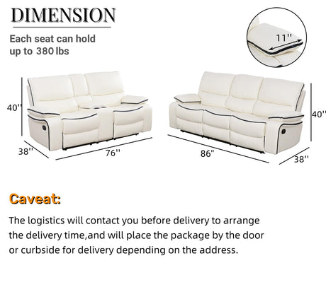 Caberryne Leather Recliner Sofa Set,Leather Living Room Furniture Set with Storage Console/Cup Holders,Reclining Sofa Set for House/Home Theater(Sofa&Loveseat 2 Pieces，White) Caberryne