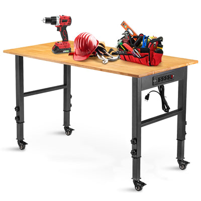 OLBRUS 48 "Adjustable Workbench with Power Outlet, Heavy Duty 2000 LBS Load Capacity Hardwood Workbench Suitable for Workshop, Office, Garage, Home