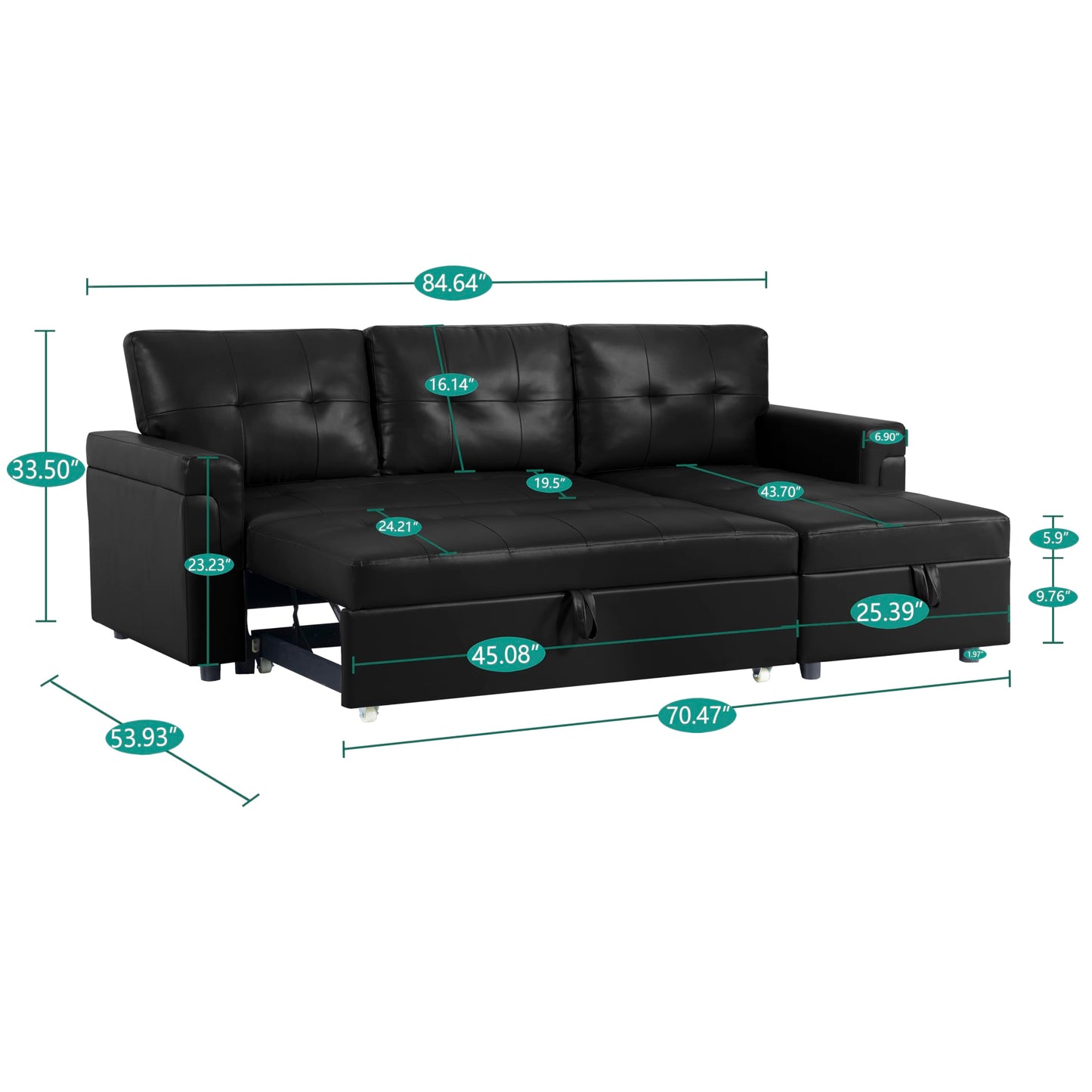 Naomi Home Jenny Sectional Sofa Sleeper with Storage Chaise, Tufted Pull Out Couch with Storage, Sectional Sofa Bed, L-Shaped Reversible Sleeper Sofa with Storage, Black,Air Leather