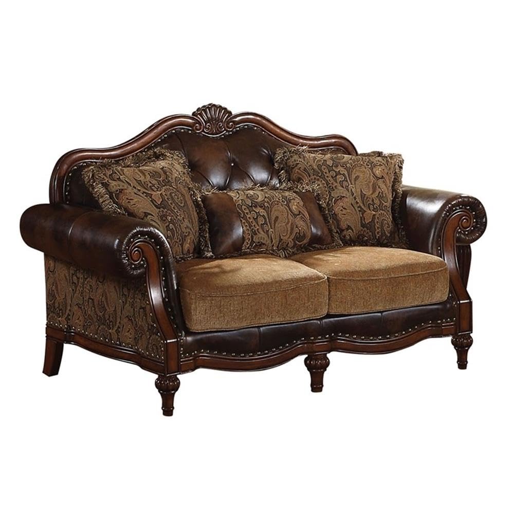 Acme Dreena Rolled Arm Upholstered Loveseat with 3 Pillows in Brown Faux Leather Acme