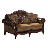 Acme Dreena Rolled Arm Upholstered Loveseat with 3 Pillows in Brown Faux Leather Acme