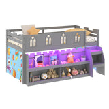JOYMOR Low Loft Bed with LED Lights, Twin Loft Bed with Stairs, Safety Guardrail, Curtain, Wooden Bed Frame for Kids with Storage Bookcase and Under-Bed Play Space (Gray) JOYMOR