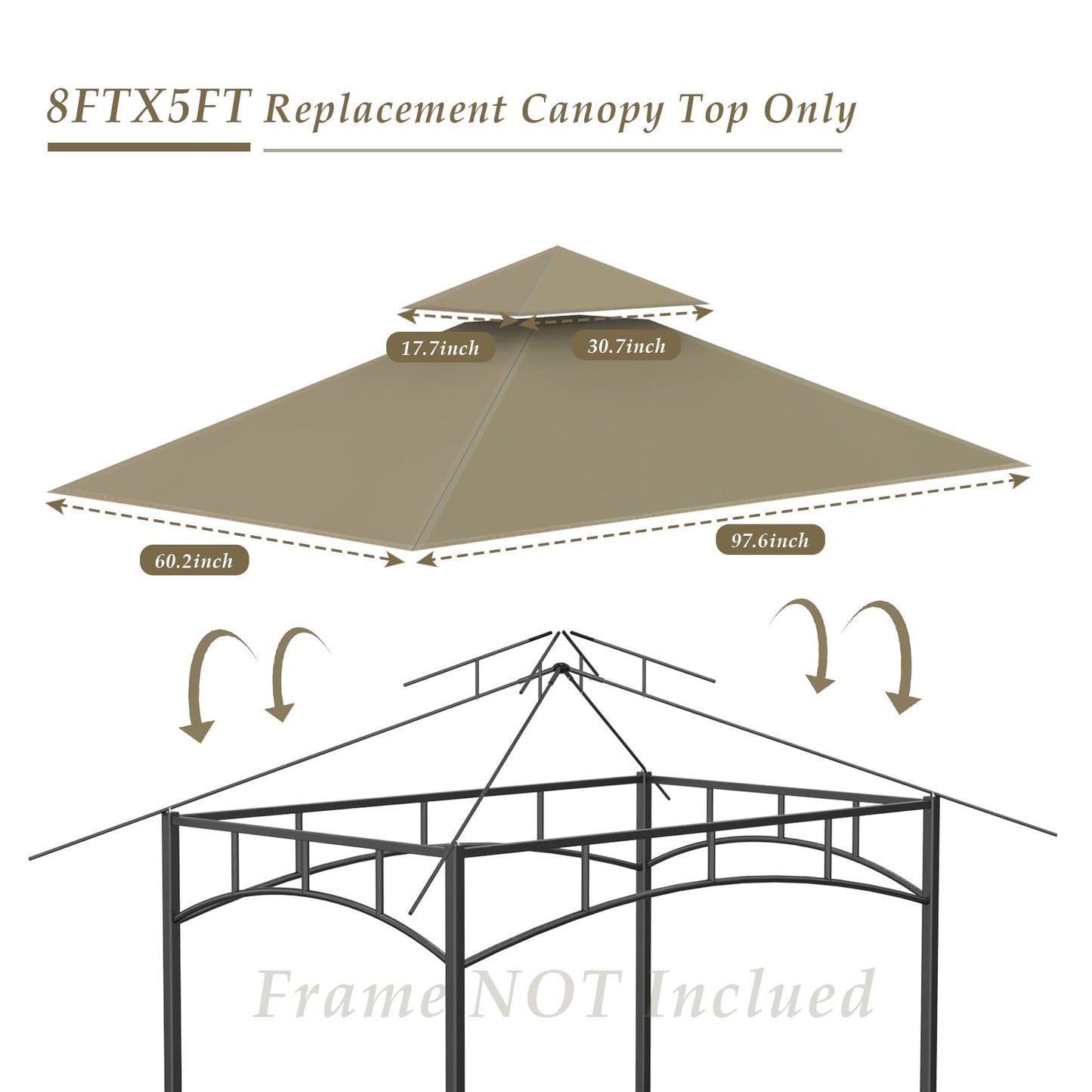 COVBOARD Grill Gazebo Replacement Top, 5 * 8 Outdoor BBQ Gazebo Top Cover, Double Layer BBQ Gazebo Top Canopy for Model #L-GG001PST-F(Khaki) - WoodArtSupply