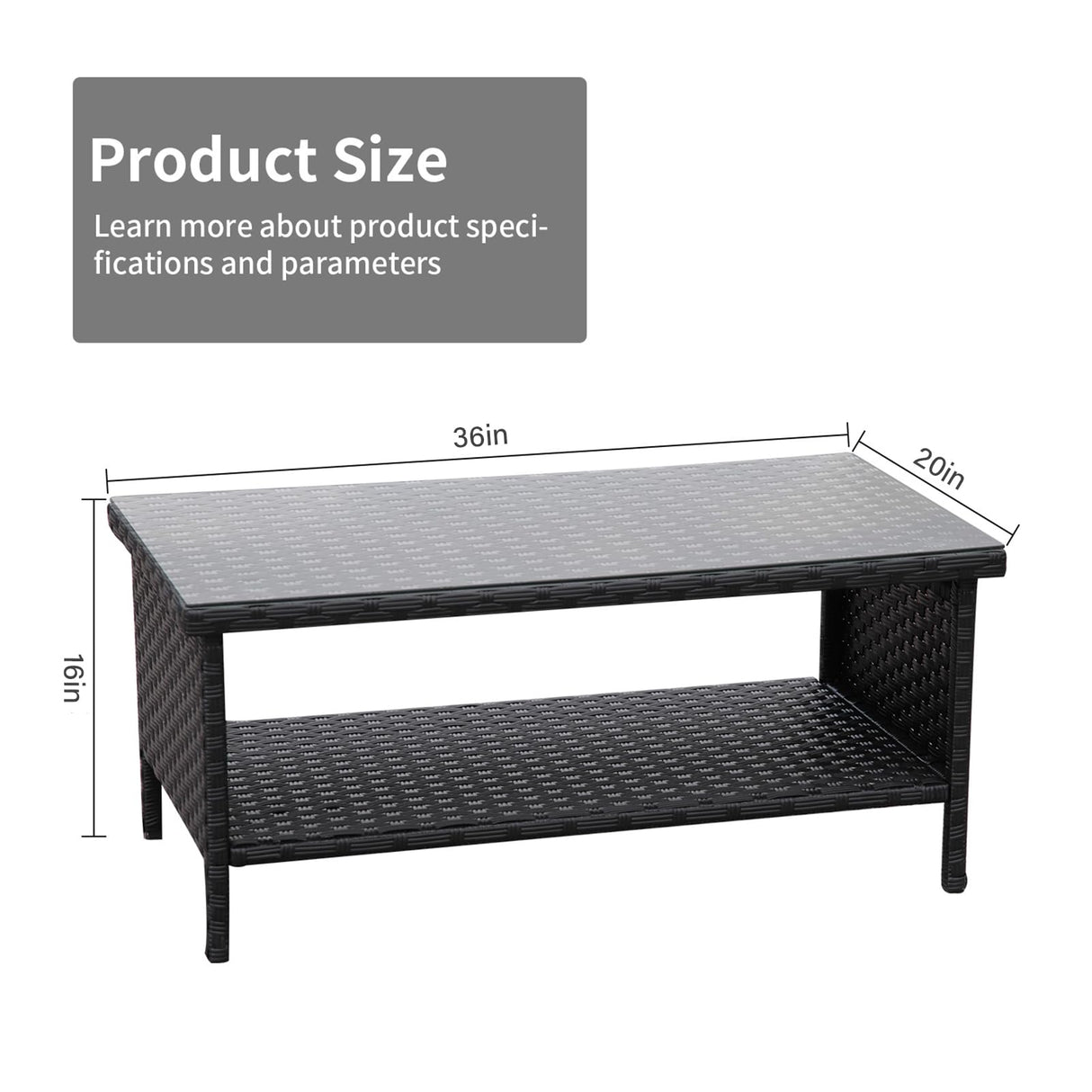 Outdoor Wicker Coffee Table Patio Furniture Garden Rattan 2-Layer Glass Table with Storage and Furniture Cover, Black Rattaner