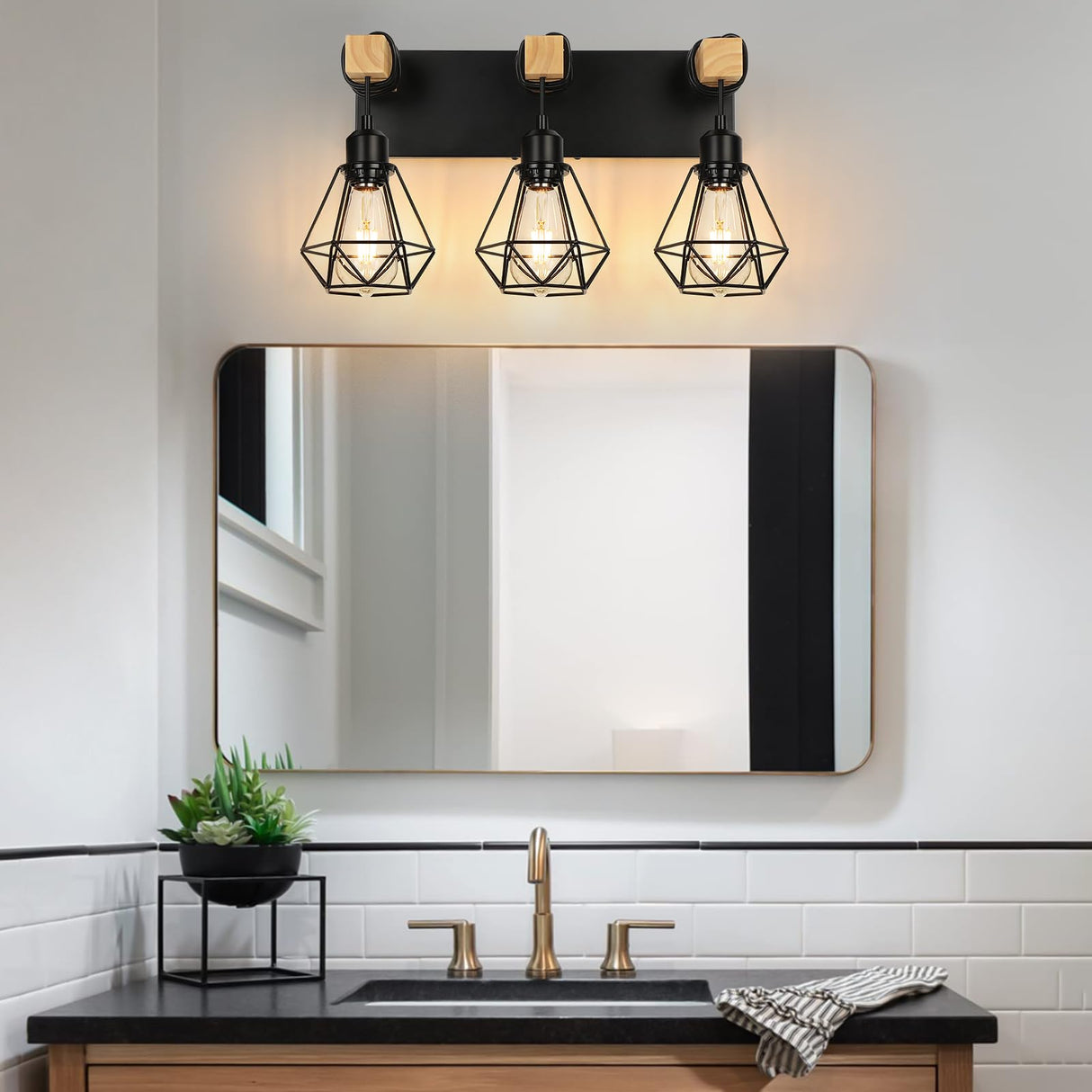 foucasal Farmhouse Bathroom Vanity Light Fixtures, 3-Light Bathroom Light Fixtures Over Mirror, Rustic Wood Sconces with Metal Cage Lampshade, Black Wall Lighting for Living Room, Bedroom, Hallway foucasal