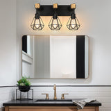 foucasal Farmhouse Bathroom Vanity Light Fixtures, 3-Light Bathroom Light Fixtures Over Mirror, Rustic Wood Sconces with Metal Cage Lampshade, Black Wall Lighting for Living Room, Bedroom, Hallway foucasal