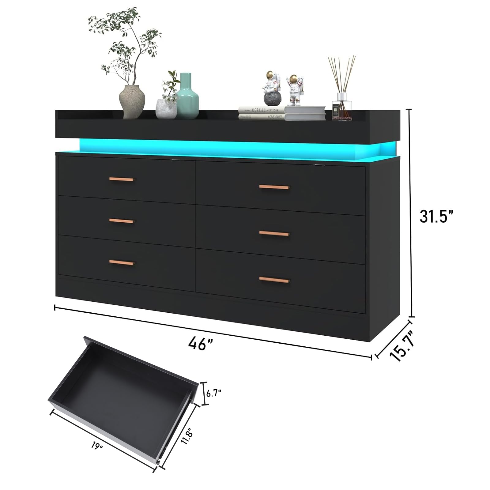 Hlivelood 6 Drawer Dresser with LED Light, Modern Chest of Drawers for Closet, Wide Drawer Organizer Cabinet for Bedroom, Living Room, Entryway, Hallway(Black) - WoodArtSupply