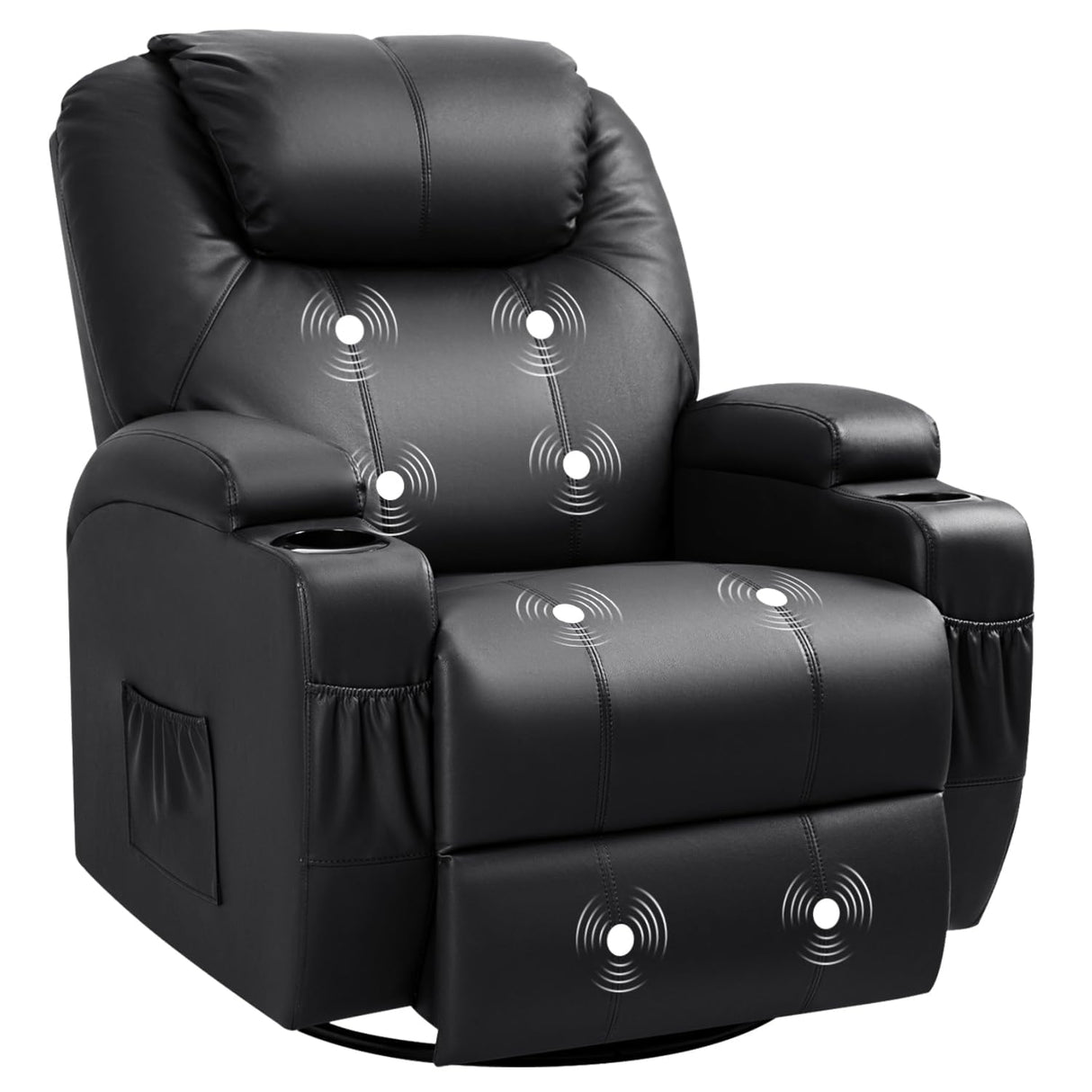 Recliner Chair, 360° Swivel Rocker Chair for Adults, Rocking Recliner Chair with Massage, Comfy Single Sofa with Side Pockets Cup Holders for Living Room, Bedroom, Nursery (Leather, Black) Furmax