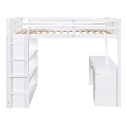 White Full Loft Bed with Desk, Bookshelf, and Storage Drawers by Harper & Bright Designs