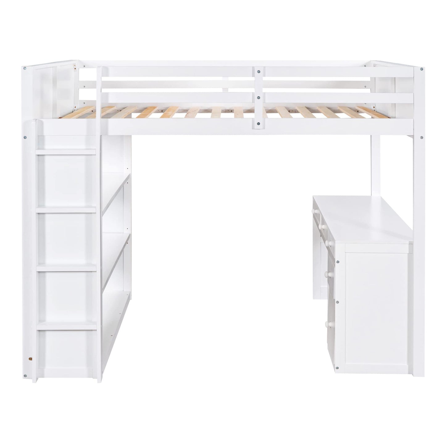 Polibi White Full Size Loft Bed with 5-Drawer Desk, Shelves, and Sturdy Ladder - WoodArtSupply