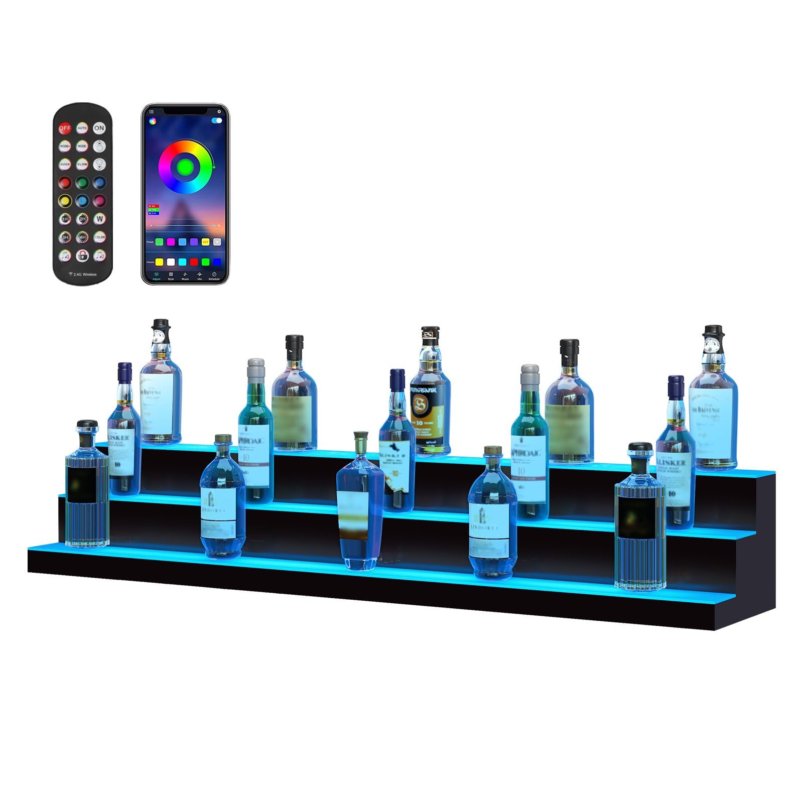 VEVOR LED Lighted Liquor Bottle Display Shelf, 3 Tiers 60 Inches, Supports USB, Illuminated Home Bar Shelf with RF Remote & App Control 7 Static Colors 1-4 H Timing, Acrylic Lighting Shelf - WoodArtSupply