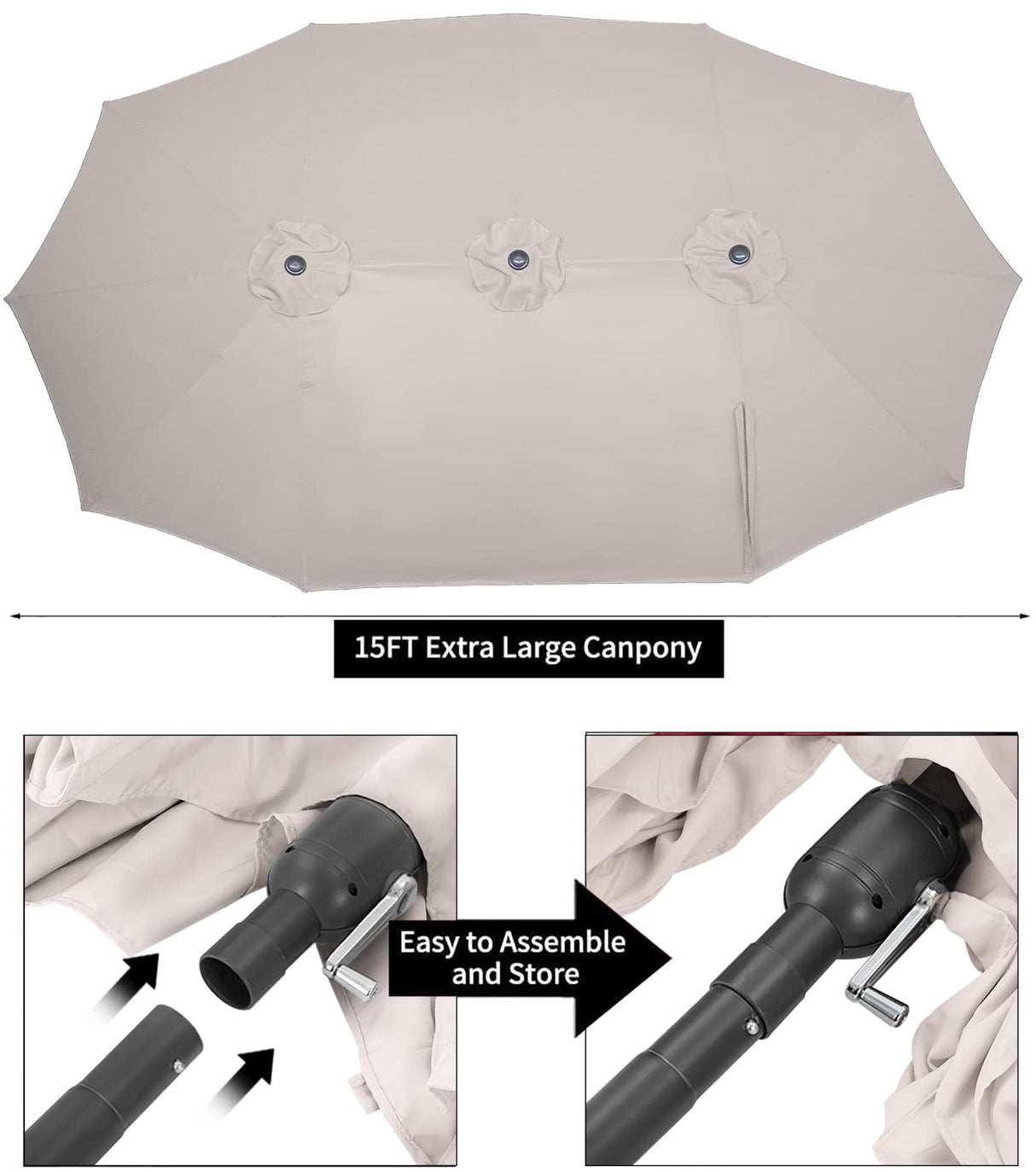AECOJOY 15x9ft Double-Sided Patio Umbrella Outdoor Market Umbrella Large Umbrella Table Umbrellas with Crank Air Vents for Deck Pool Patio (1.9" Pole, Beige) AECOJOY