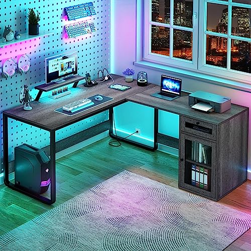 YITAHOME L Shaped Desk with Drawer, Reversible Computer Desk with Power Outlets & LED Lights, Corner Desk Office Desk with File Cabinet & Monitor